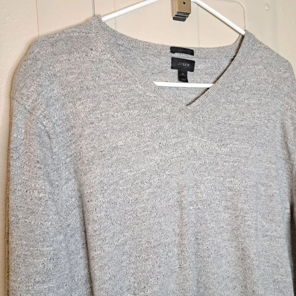 J Crew Mens 100% Cotton Pullover Sweater Gray Long Sleeve V Neck Size XL